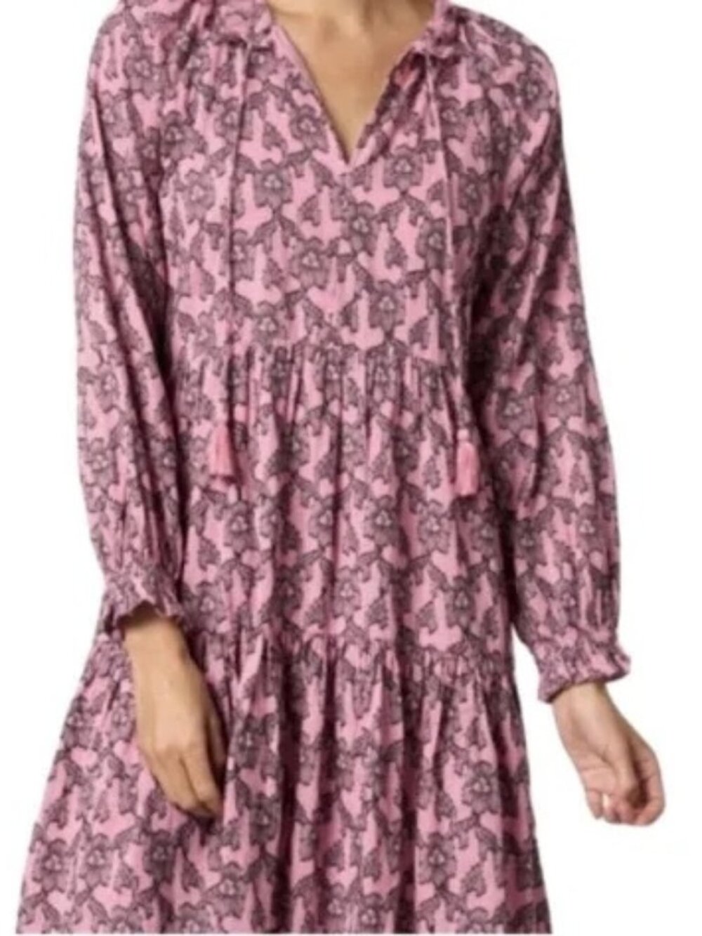 Roller Rabbit Janni Pink Floral Print Long Sleeve Flowy Mini Dress - Size XS